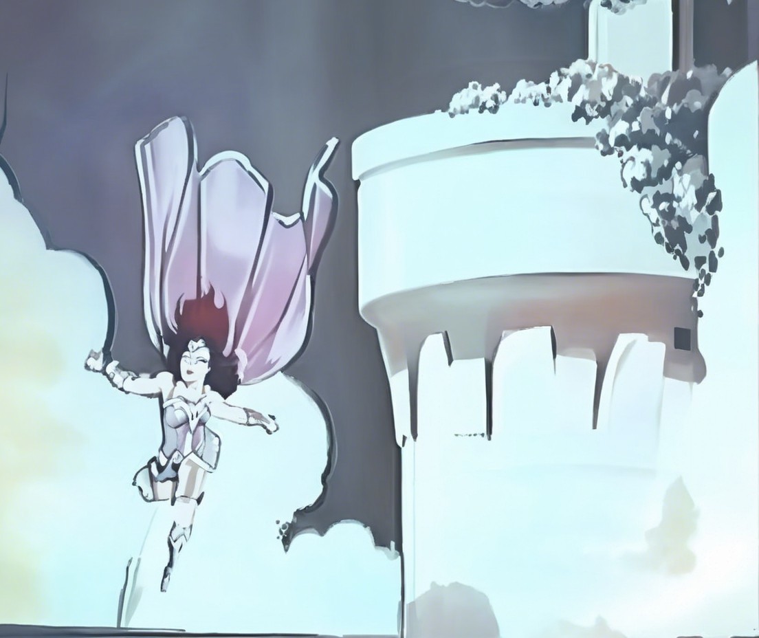 Dynamic superheroine soaring above a fortress in clouds