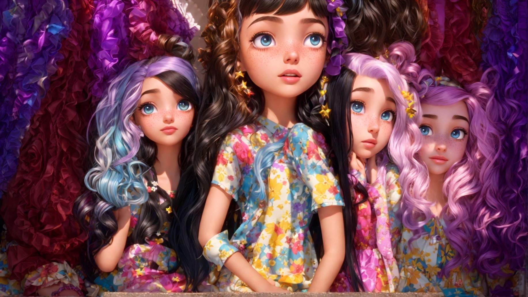 Doll-like Characters in Floral Outfits and Pastel Colors