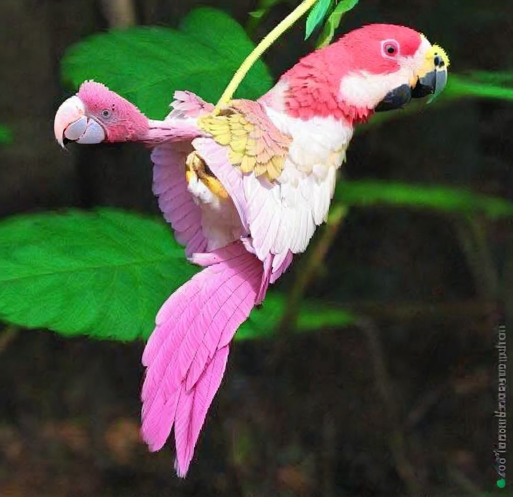 Vibrant Pink Parrots in Lush Green Foliage Scene
