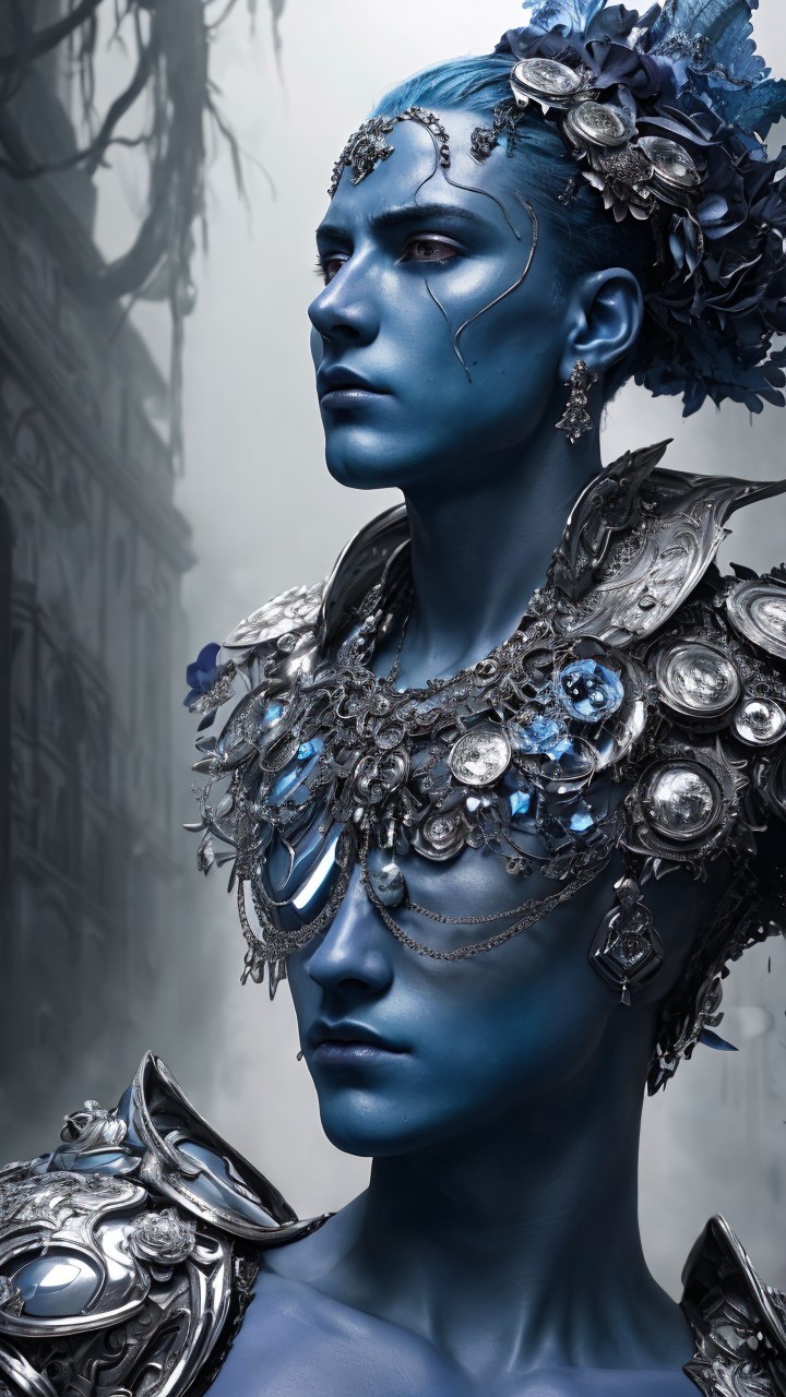 Blue-Skinned Figures in Ornate Armor and Jewelry
