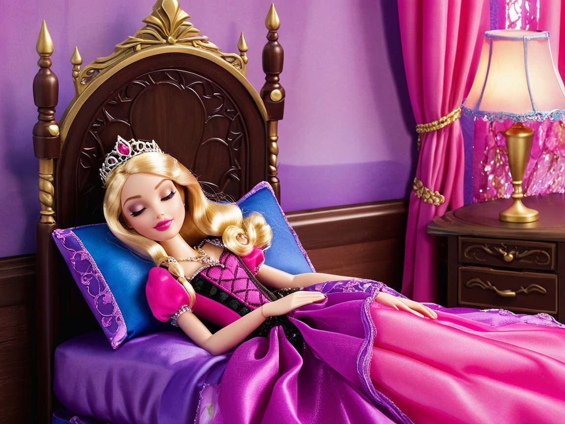 Doll in Purple Gown on Lavish Bed with Elegant Decor