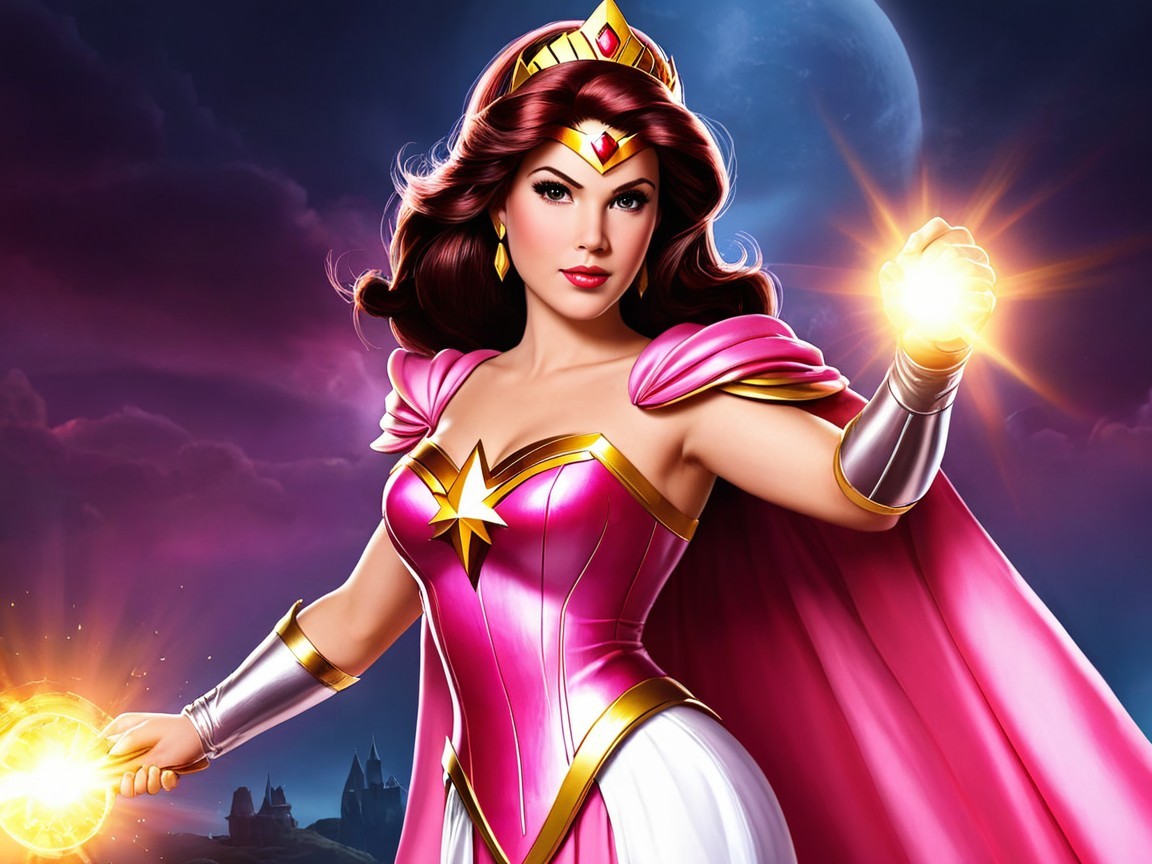 Heroic Figure in Pink Costume with Energy Orbs