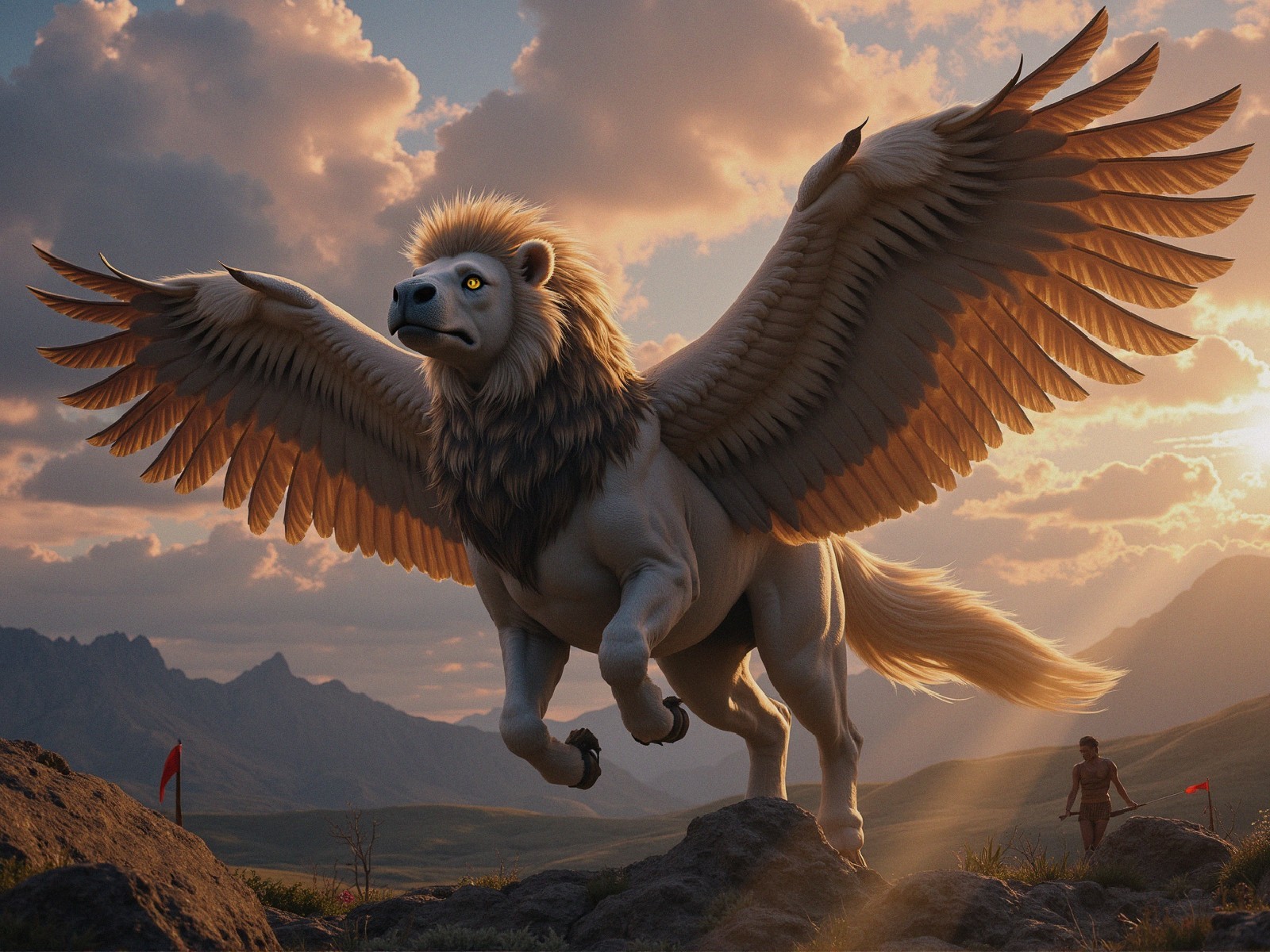 Majestic Winged Lion Soaring Above Rugged Landscape