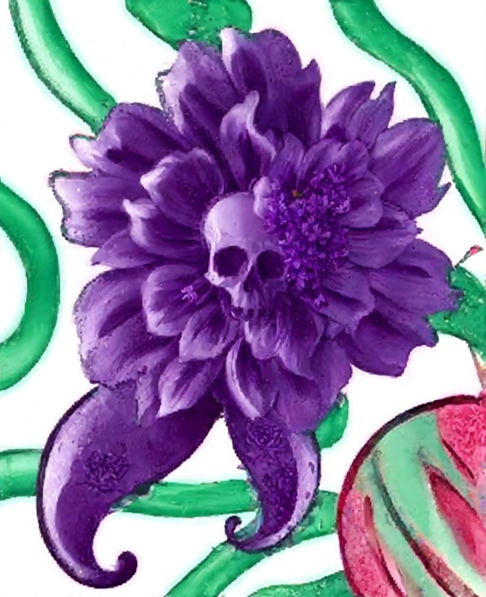 Purple Flower with Skull Center and Green Vines