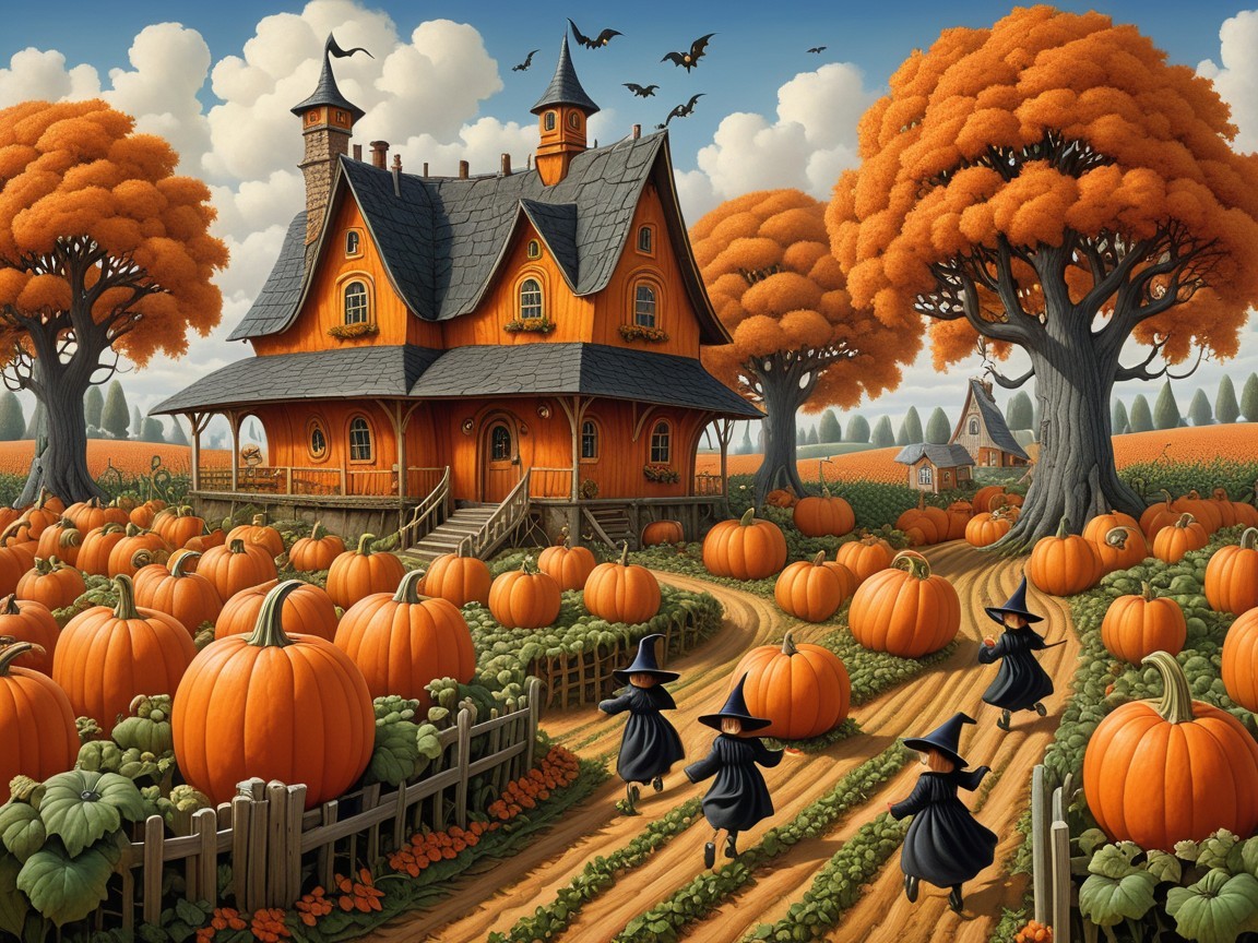 Whimsical Autumn Scene with Pumpkins and Children