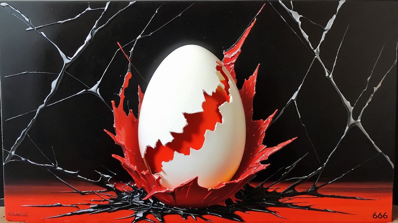 Cracked White Egg Against Vibrant Red Background
