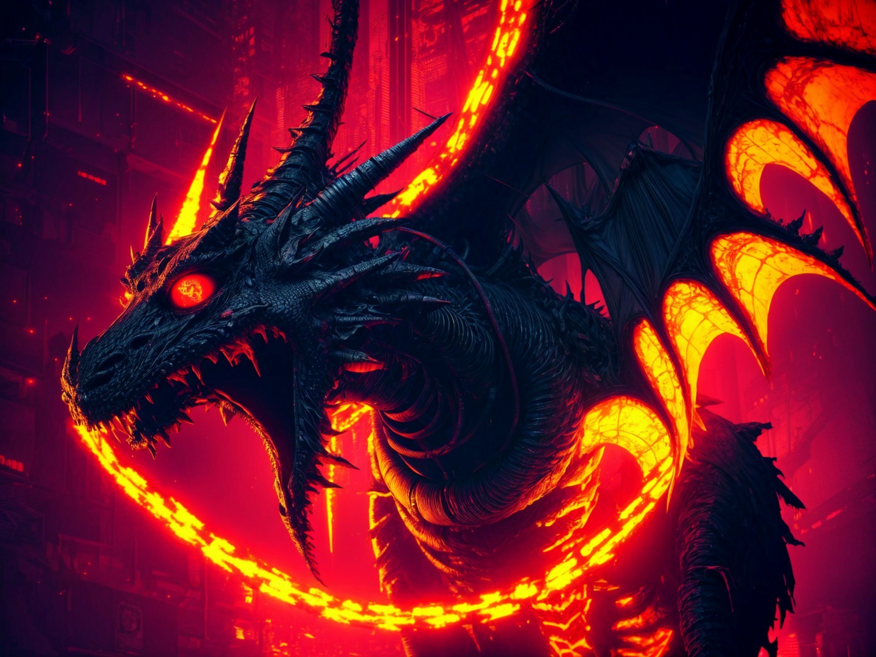 Black Dragon with Red Eyes in Fiery Cityscape