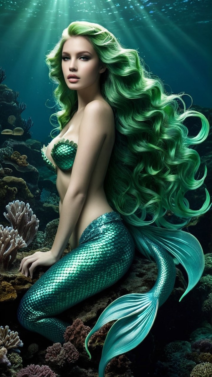 Mermaid with Green Hair and Shimmering Tail Underwater
