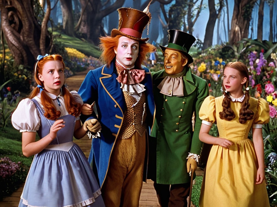 Four Characters Walking in a Colorful Fantastical Forest