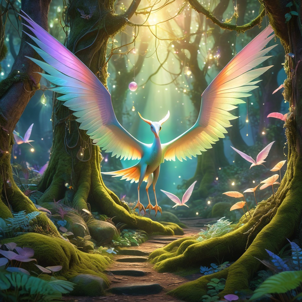 Rainbow-colored bird in a mystical forest setting