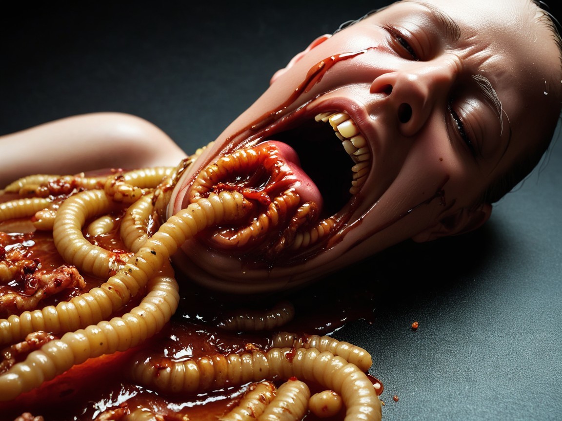 Dramatic Scene of Agony with Worms and Blood-Like Liquid