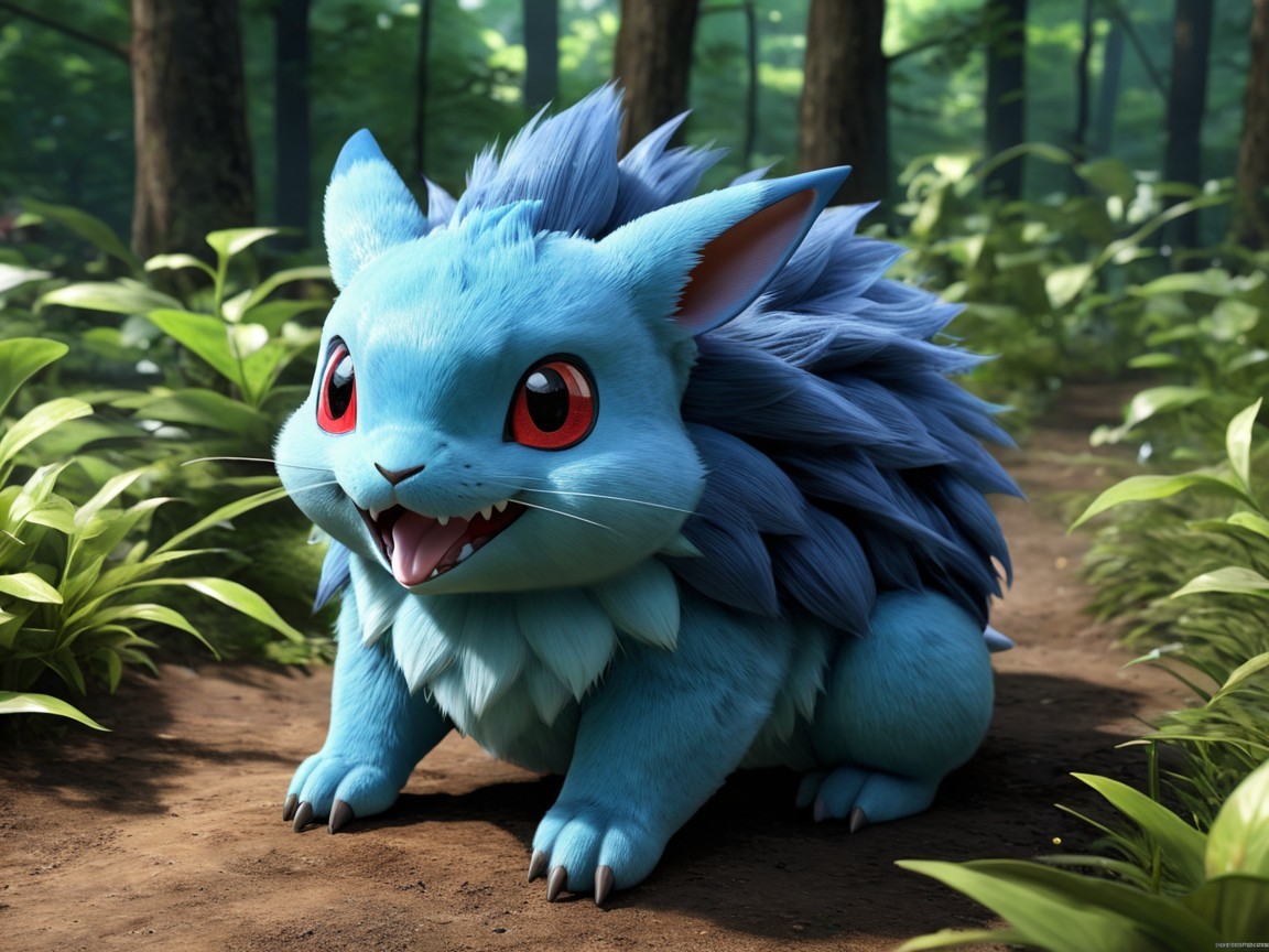 Charming Blue Creature in a Lush Forest Setting