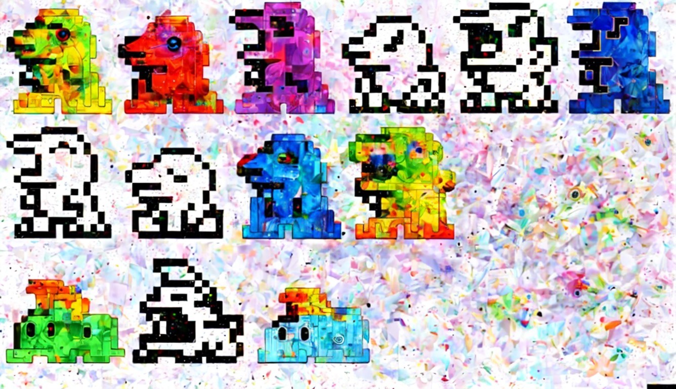 Colorful Pixelated Cartoon Creatures on Confetti Background
