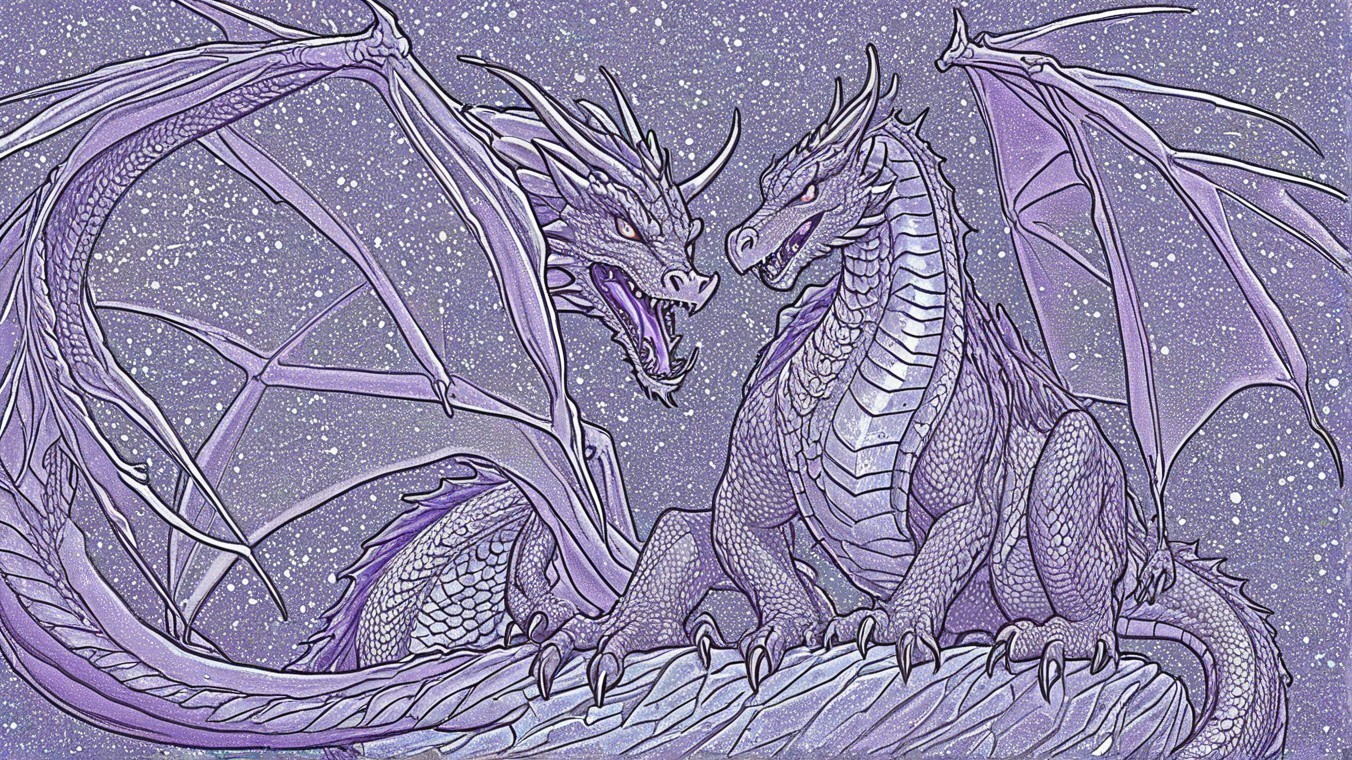 Dragons on Rocky Outcrop Under Cosmic Sky