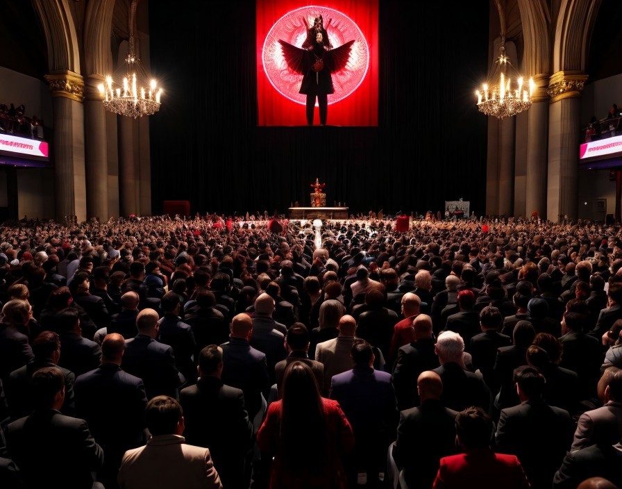 Crowd in Grand Hall with Dramatic Stage and Red Backdrop