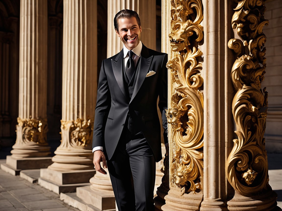 Stylish Man in Black Suit by Ornate Golden Column