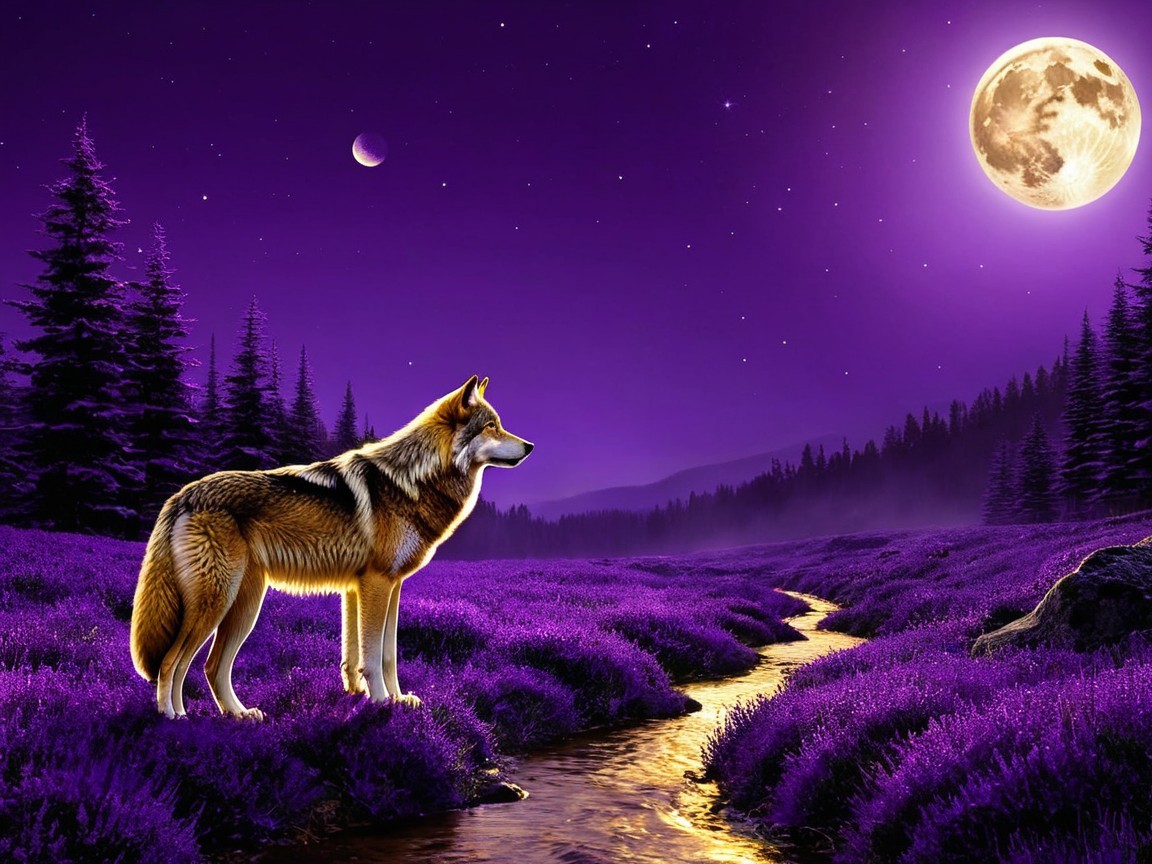 Wolf by Stream in Vibrant Purple Landscape at Night