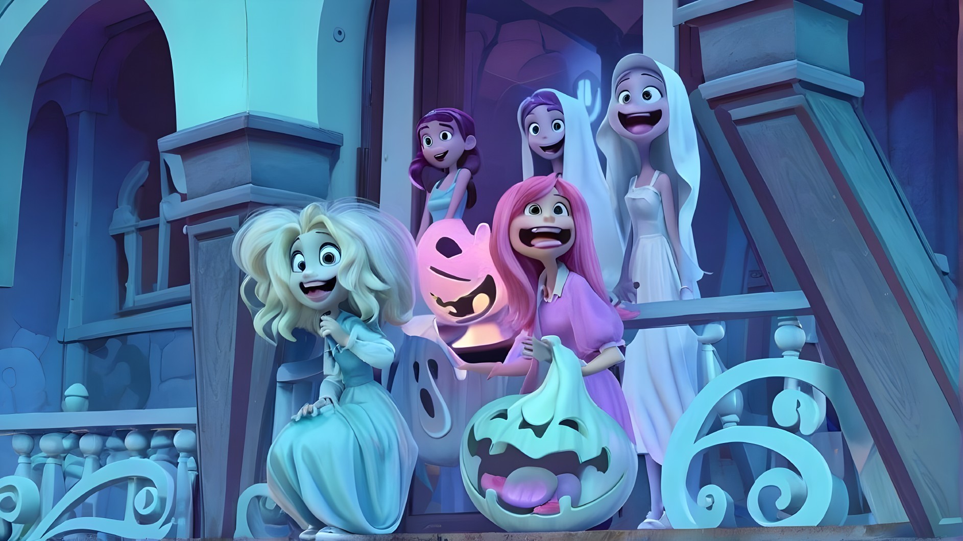 Five Animated Characters on a Whimsical Halloween Porch