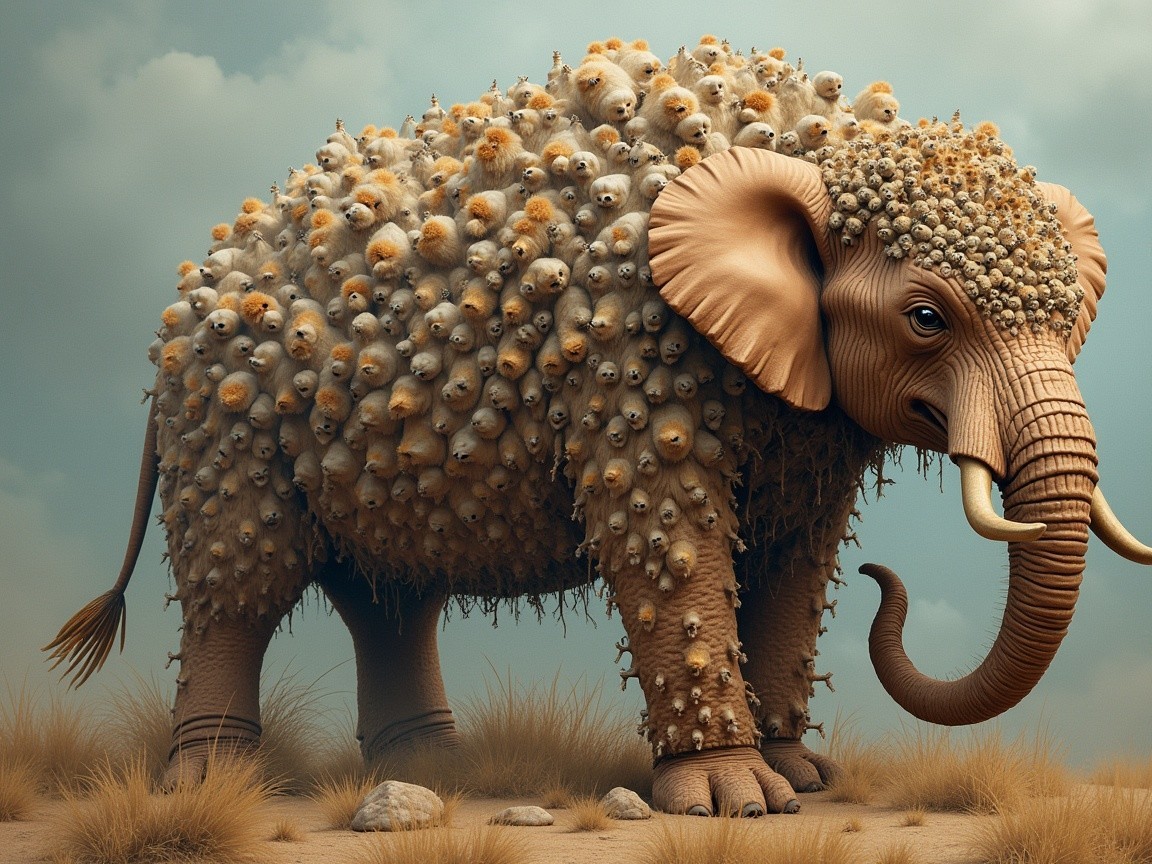 Surreal Elephant in Grassy Landscape with Unique Texture
