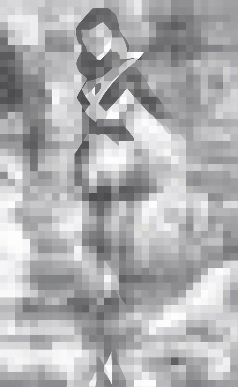 Pixelated Figure in Grayscale Against Cloudy Background