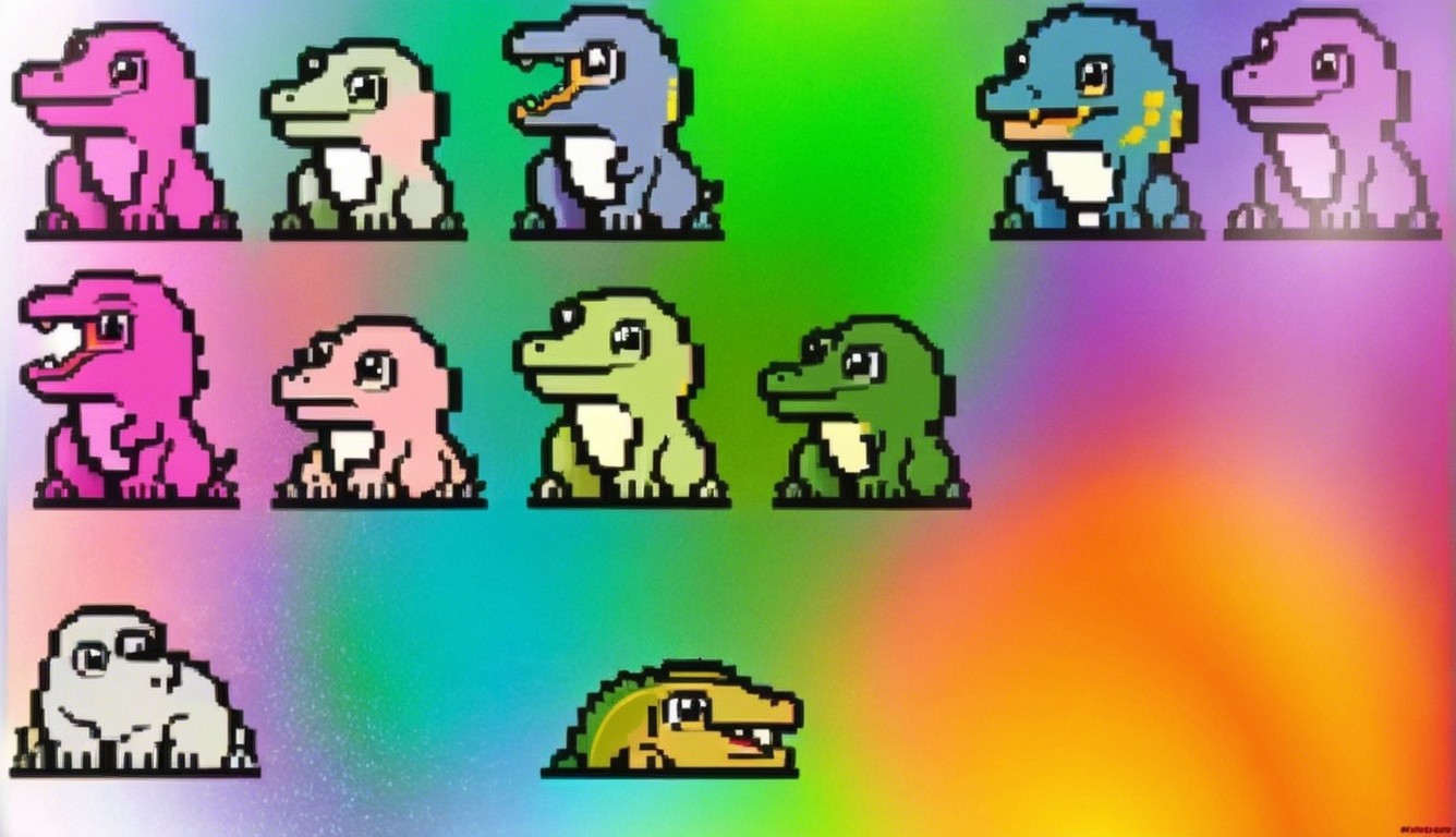 Colorful Pixel Art Dinosaurs on Rainbow Background
