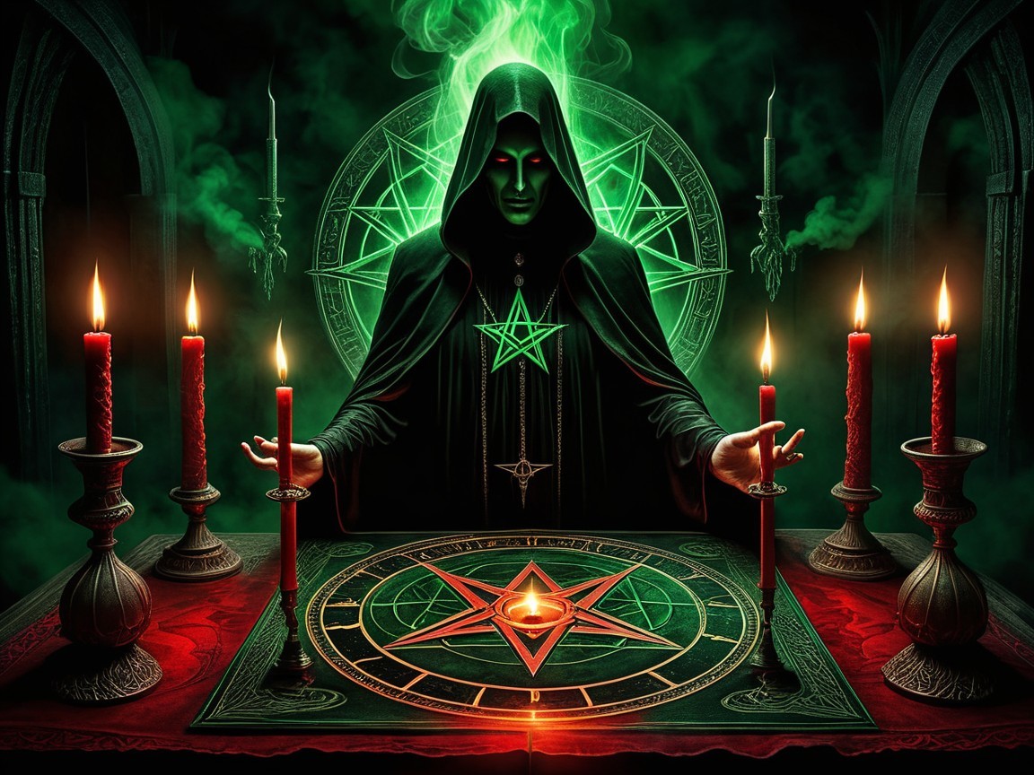 Hooded Figure at Ominous Altar Surrounded by Smoke