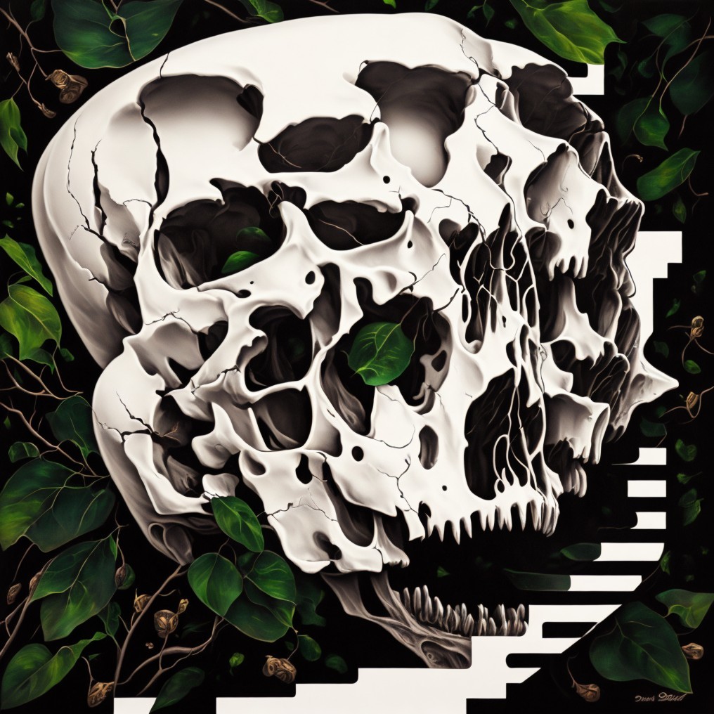 Detailed Skull with Green Leaves on Dark Background