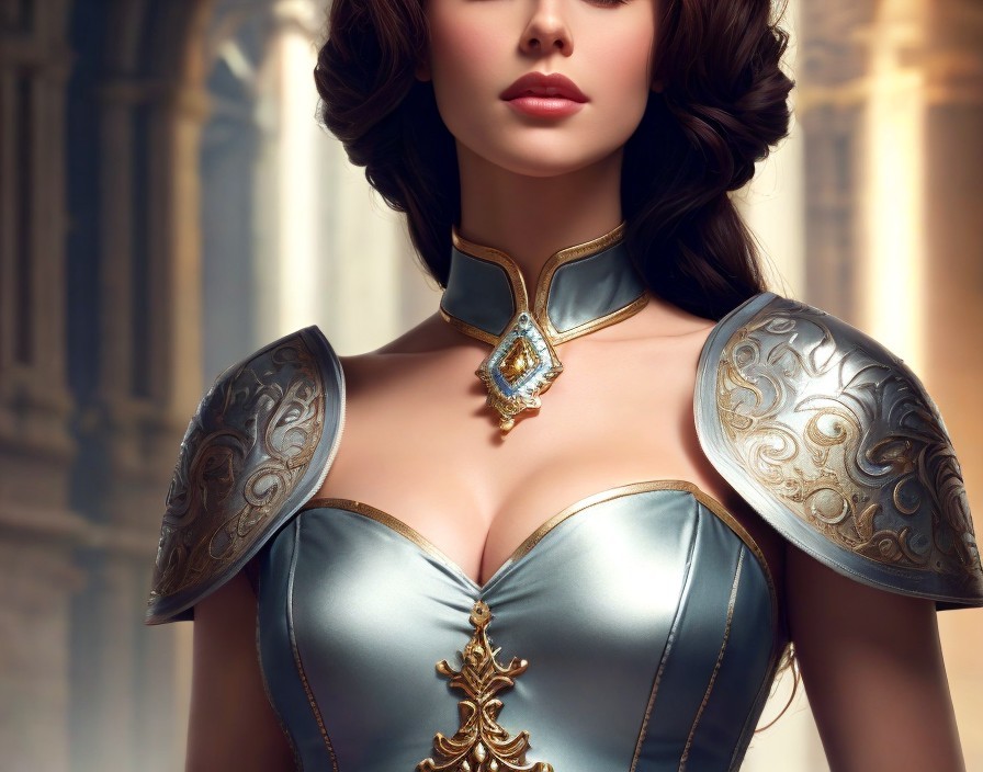Regal Woman in Blue Gown with Gold Detailing