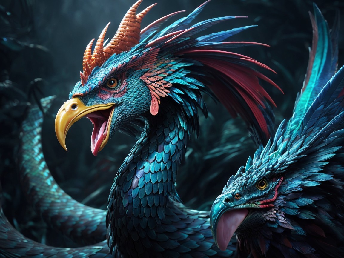 Mythical Birds with Iridescent Feathers and Horns