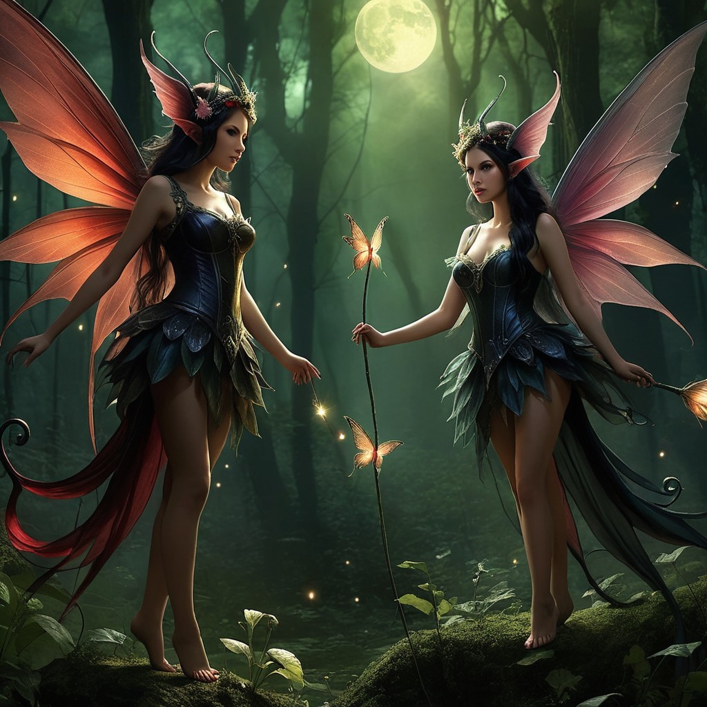 Fairies in a Moonlit Forest with Vibrant Wings