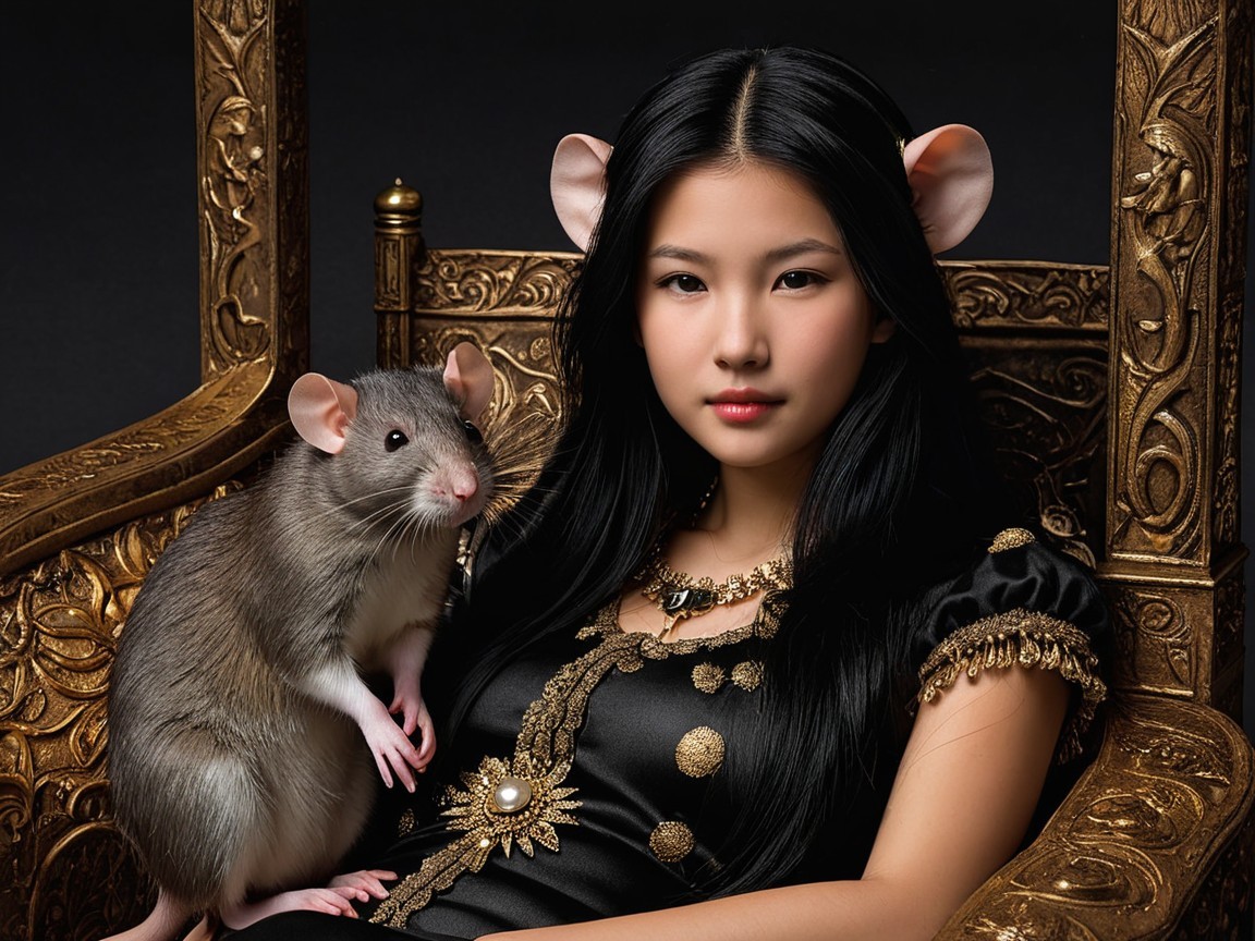 Young Woman on Ornate Throne with Whimsical Elements