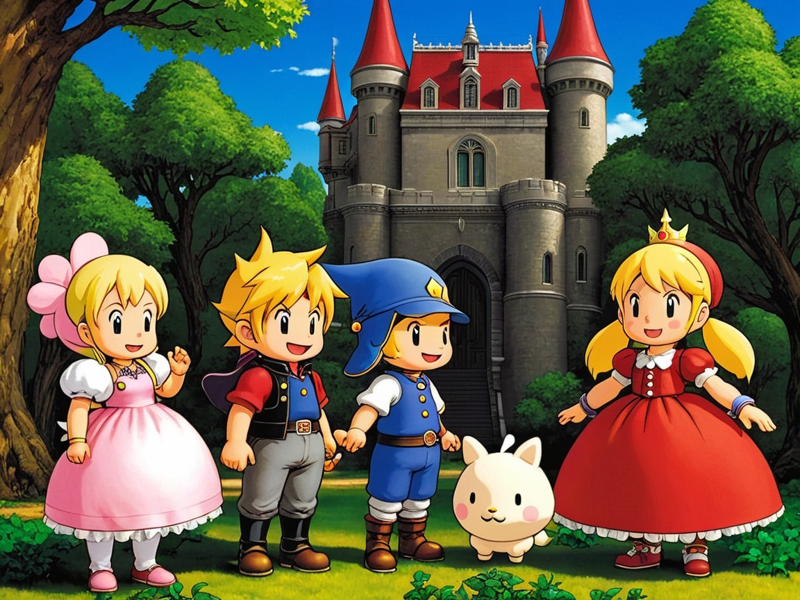 Colorful Animated Scene with Four Characters and Castle