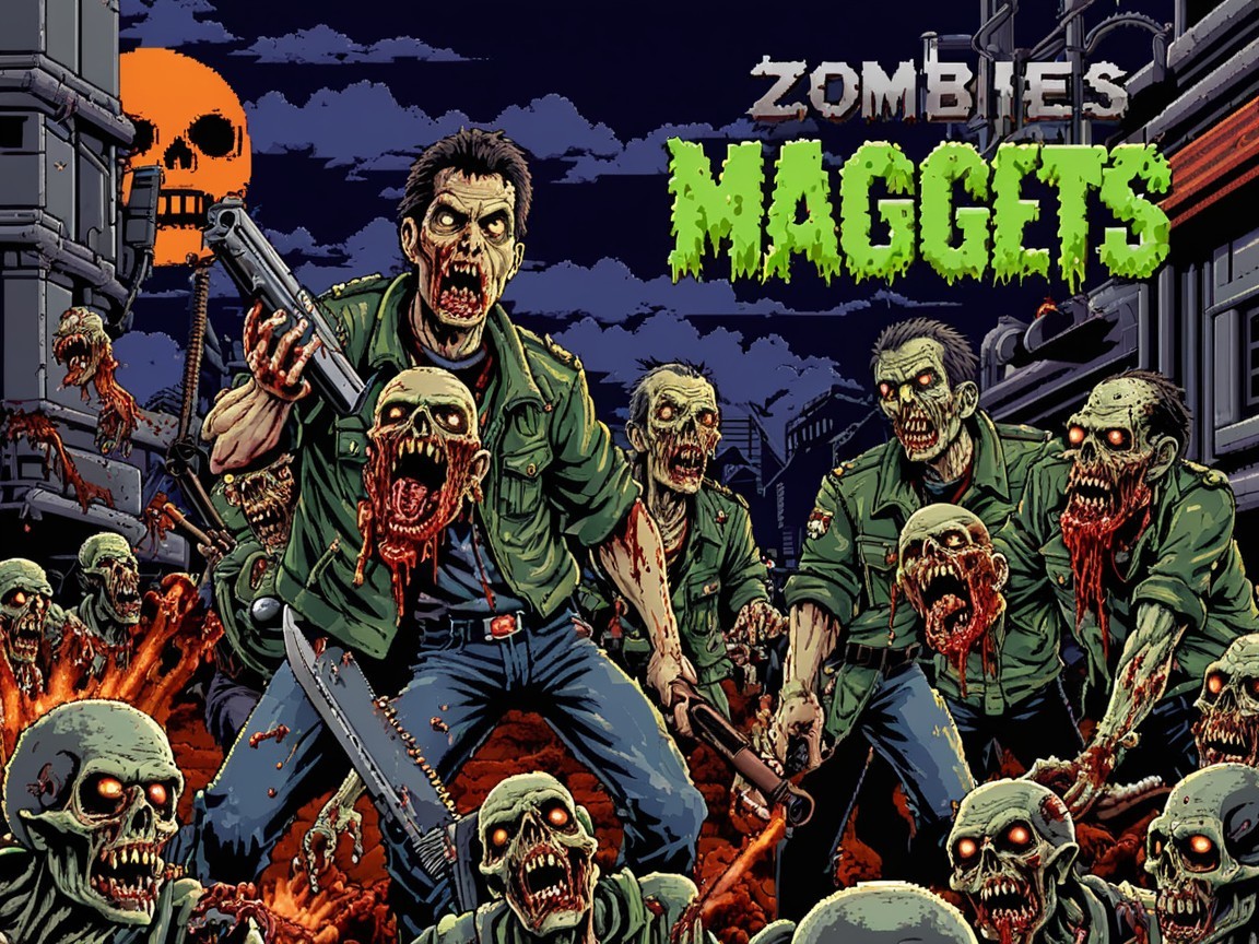 Vibrant Retro Zombie Scene with Dark Cityscape