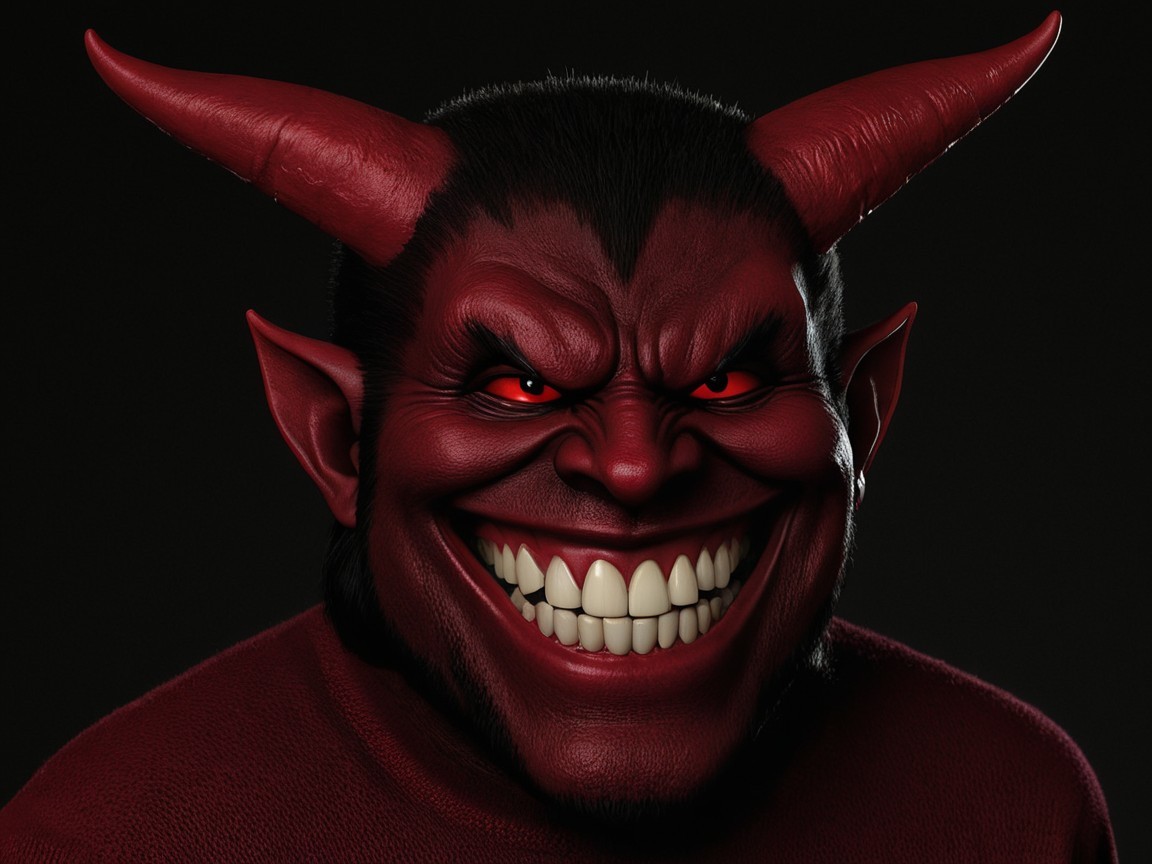 Cartoonish devil character with vibrant red skin and horns