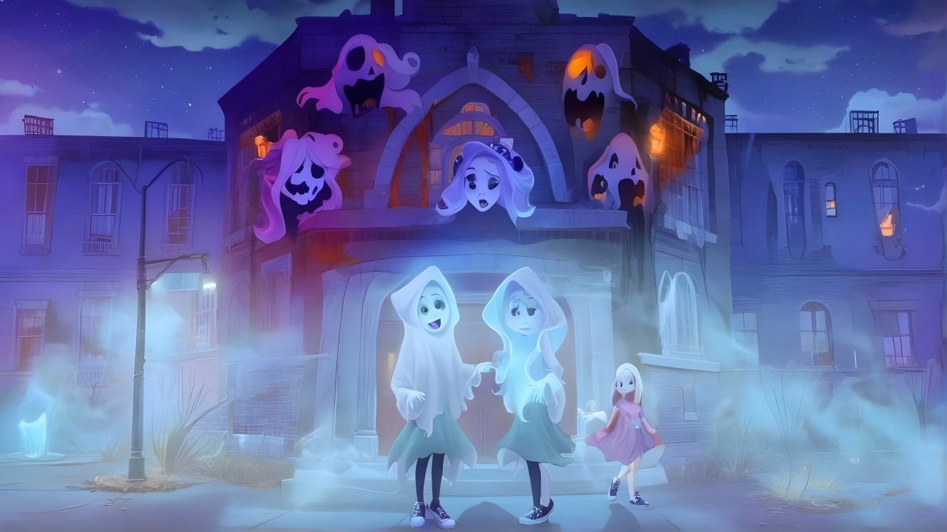 Animated Scene with Playful Ghosts and a Full Moon