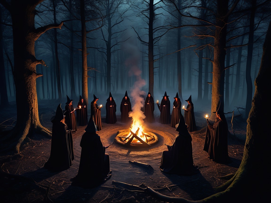 Hooded Figures Gather Around Campfire in Dark Forest