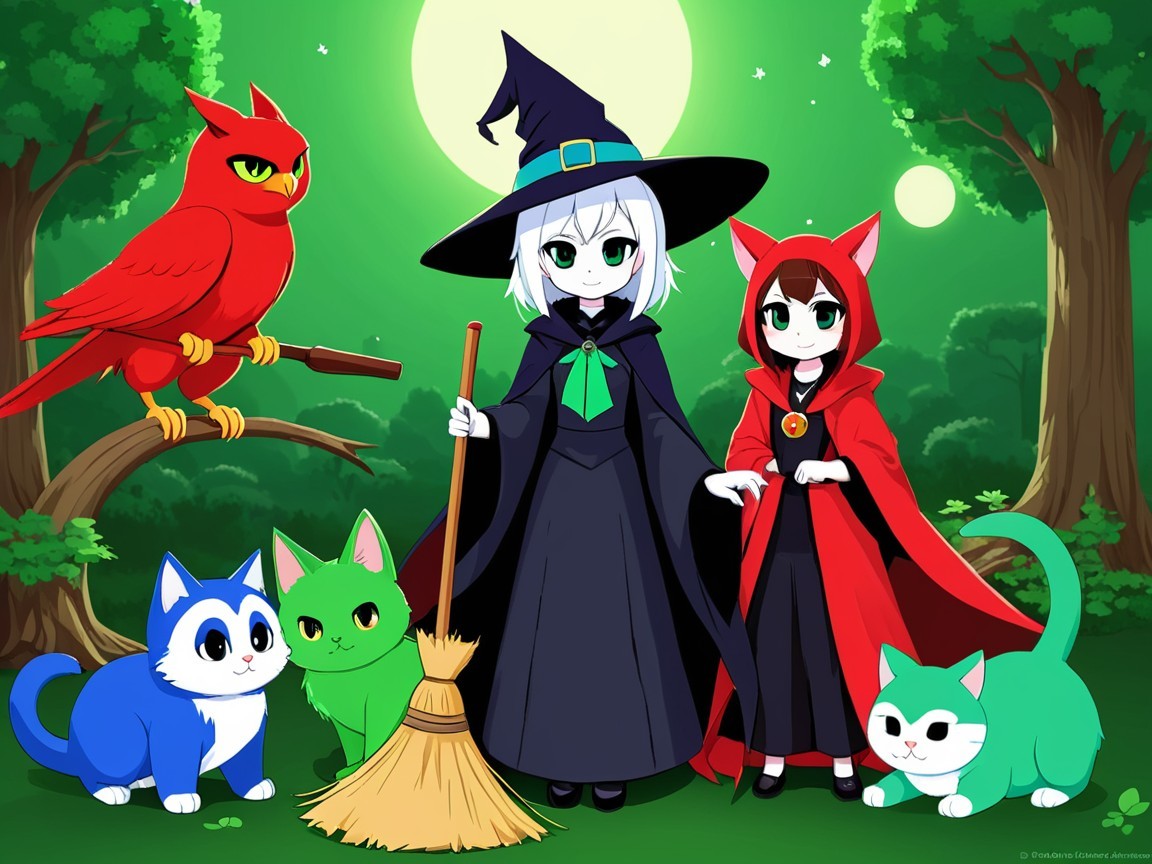 Young Witch and Girl in Enchanted Forest Scene
