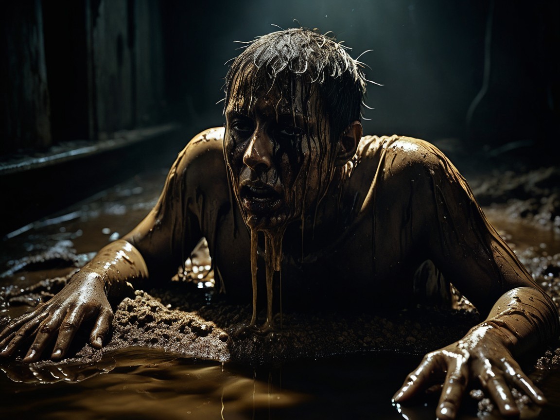 Young man in dark, murky environment showing despair