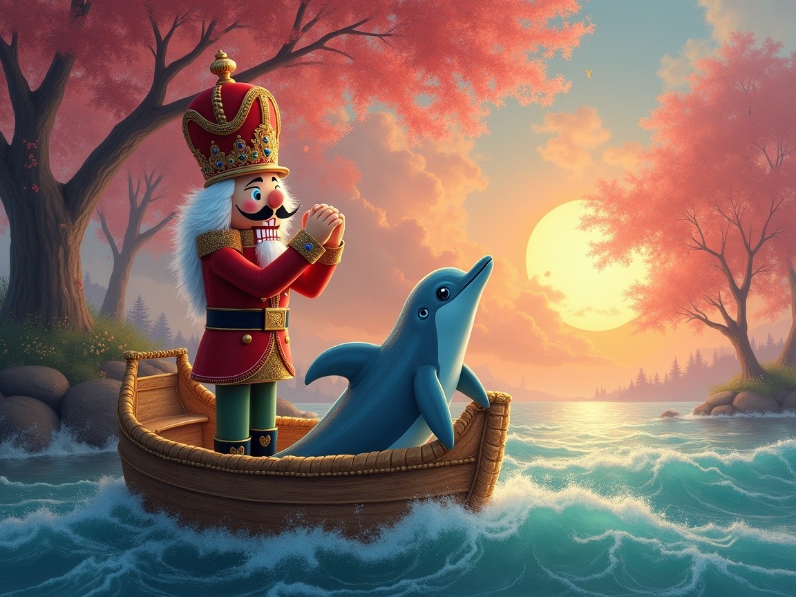 Nutcracker Soldier and Dolphin on Teal Sea at Sunset
