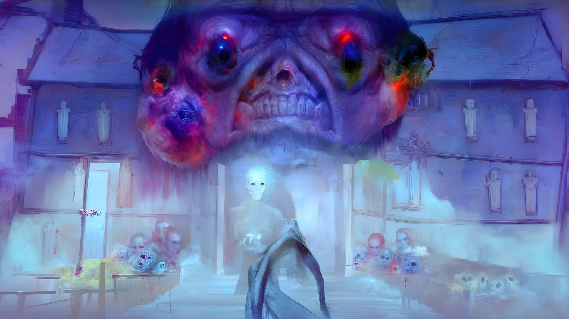 Surreal Landscape with Distorted Face and Ghostly Figure