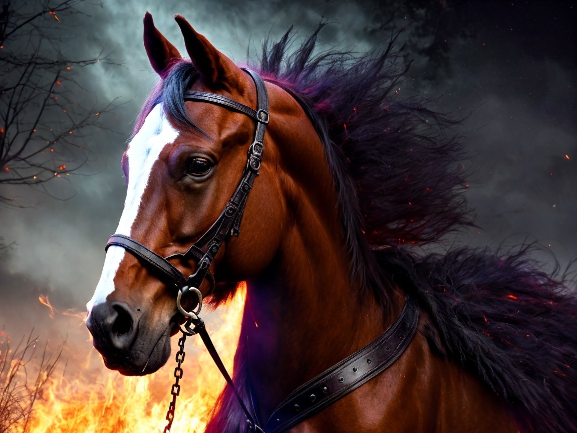 Chestnut Horse in Fiery Smoke and Flame Background