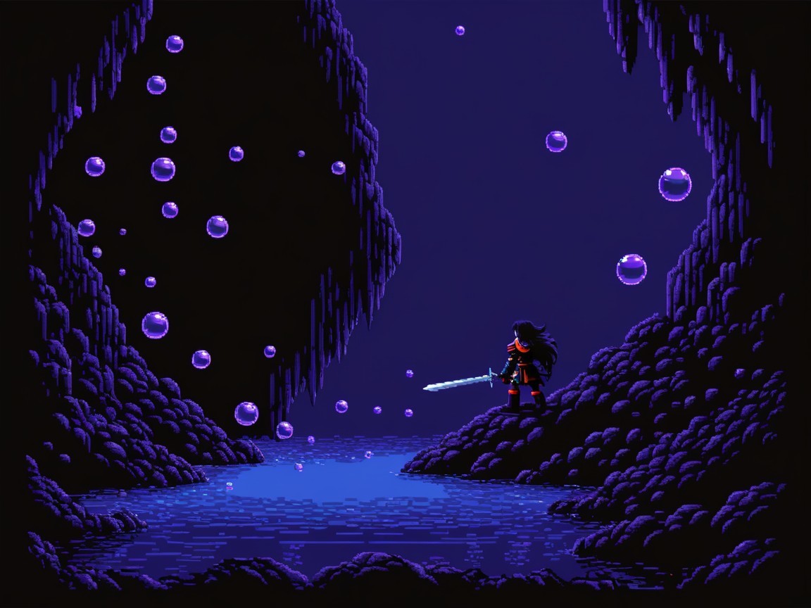 Lone Figure with Sword in Mystical Cavern Landscape