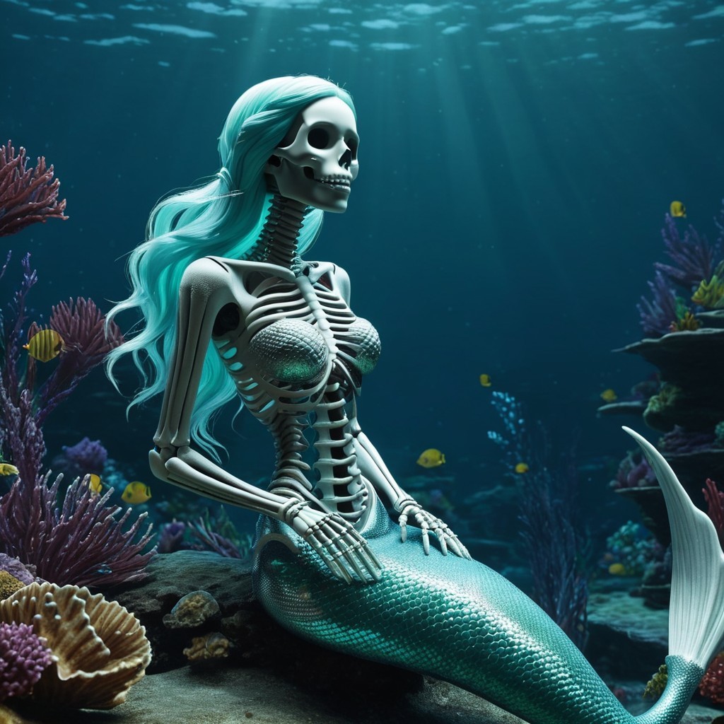 Skeletal Mermaid on Rocky Seabed with Coral Life