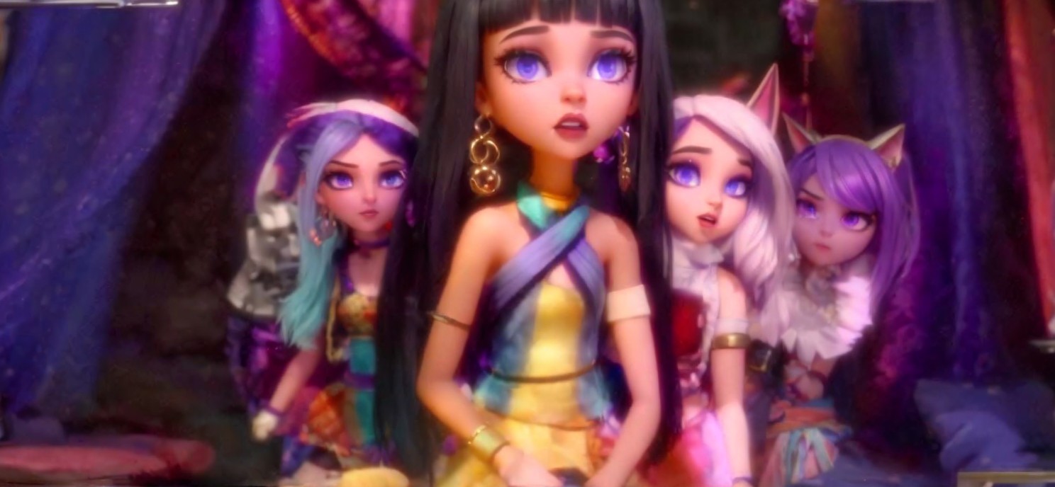 Vibrant Scene with Four Stylized Doll-Like Characters