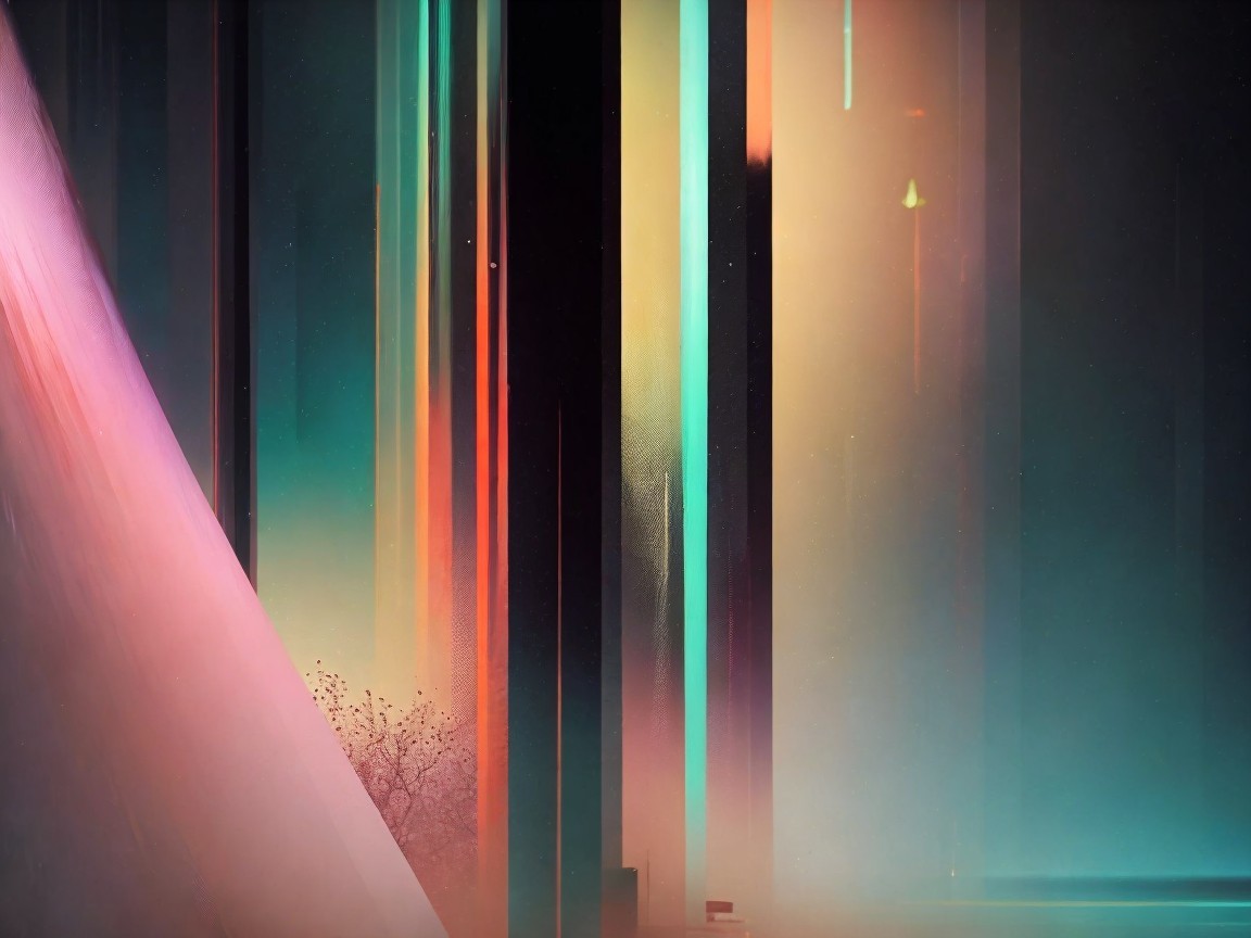 Vibrant Abstract Landscape with Pillars and Trees
