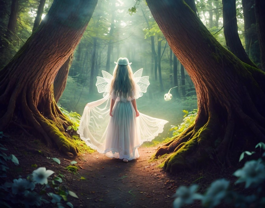Young girl with fairy wings in a mystical forest