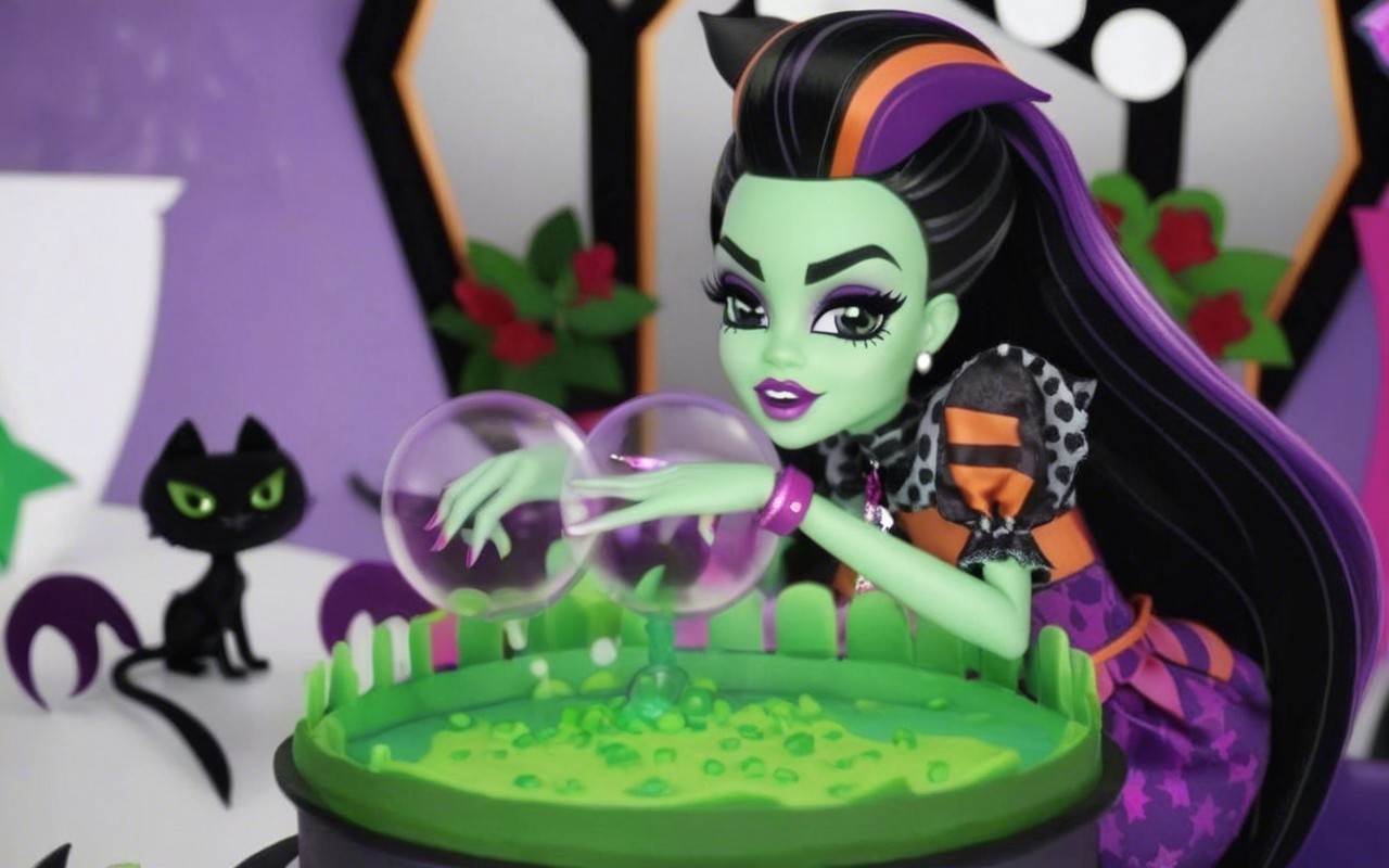 Green-Skinned Doll with Cauldron and Black Cat