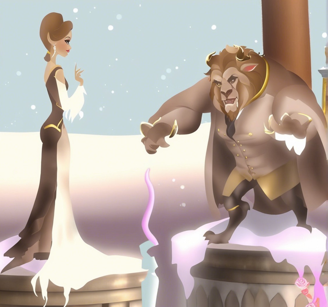 Stylized Illustration of Woman and Beast Encounter