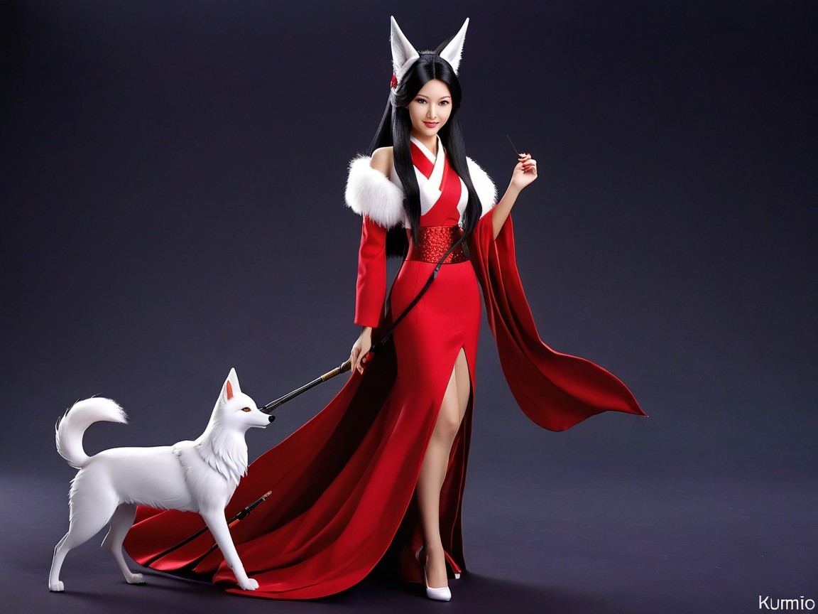 Woman in Red Gown with White Fox in Dark Setting