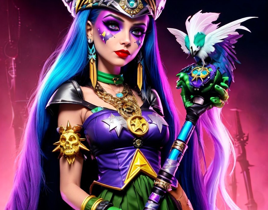 Vibrant Figure in Mystical Attire with Colorful Background